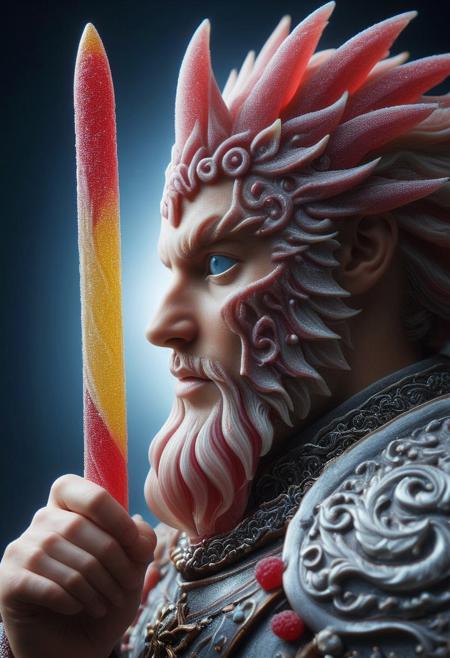 A closeup of fantastical image of a candy knight, clad in flowing, flowing robes, wielding an ornate winegum, winegum blade. Their eyes are filled with power and determination, as they wield the sword in a fluid, dynamic motion. The moon's reflection highlights their magical power, easynegative, extremely detailed, hkstyle, candy