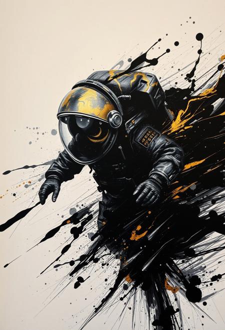 A hyper-stylistic, extremely detailed image depicts a breathtaking painting, crafted from a combination of smeared black and gold metallic paint. An astronaut is captured in a streaked motion, as if it is moving rapidly in one direction. The black paint is applied in bold, dynamic strokes, creating a sense of energy and movement that is contrasted beautifully by the golden accents. The gold paint is used to highlight the astronauts features, adding a sense of depth and dimensionality to the image. The overall effect is one of breathtaking, surreal dynamism, as if the viewer has captured a fleeting moment in time. Every detail of the image is meticulously crafted, from the delicate, swirling patterns of the gold paint to the intricate, textured patterns of the black paint. The contrasts between light and dark, color and texture, create a sense of tension and energy that draws the viewer in, inviting them to explore the kinetic world of the painting. highest-Quality, intricate details, visually stunning, Masterpiece