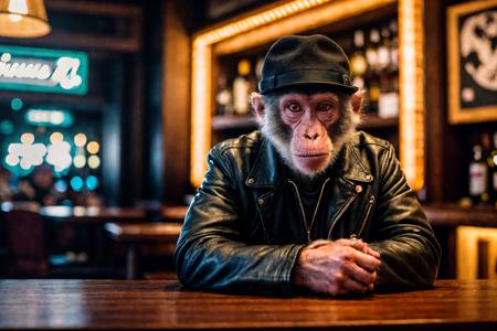 Monkey, wearing gangster hat and jacket, stting in a bar, gun on a table,  detailed, RAW photo, subject, 8k uhd, dslr, soft lighting, high quality, film grain, Fujifilm XT3,