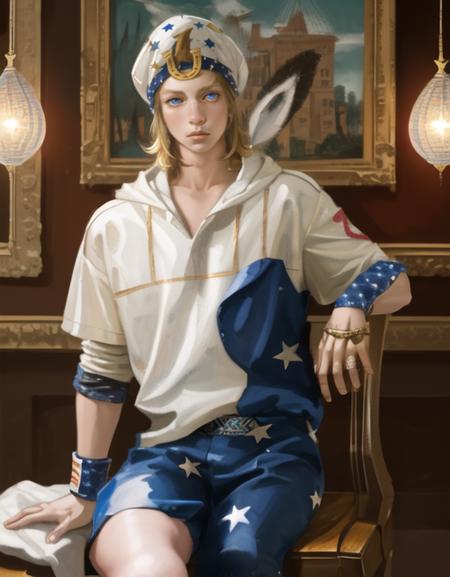 blue pants no belt, perfect classical art, master painter, 1890, Michelangelo, Caravaggio, ((American civil war era)),  ultra quality, intricate clothing details, fancy room background, <(realistic:1.3), intricate details> <lora:johnnyNAI:0.9> 1boy, sitting on wooden chair, dramatic lighting, painting, blue clothing, star pattern on clothing,  ethereal, wristbands, blonde hair, blue eyes, stars on clothing,anime fan art, detailed eyes, perfect face, male, adult young, 19 years old, 1boy, blue hat, johnny joestar,  solo focus, (fullbody1.1), detailed background, solo focus, (quarterbody:1.2)