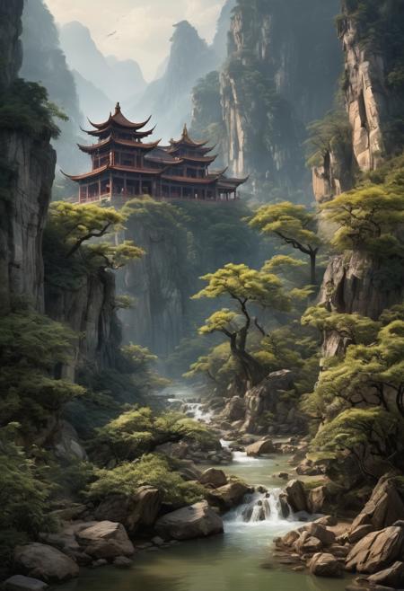 Envision a serene and tranquil idyllic retreat nestled within the ethereal beauty of ancient Xianxia-themed mountains, where misty clouds delicately wrap around the peaks, creating an otherworldly atmosphere. The landscape is dotted with ancient architecture, reflecting the elegance and refinement of a cultivation sect's stronghold. Here, mystical energy flows through enchanted forests, where immortal mountains and rivers harmonize with the natural world, fostering an environment perfect for the pursuit of martial immortality. The scene is populated with mystical creatures, adding a touch of wonder and magic to this Chinese ancient Xianxia-themed paradise., Don't be real, oil painting, done with japanese brush technique, realistic, extreme detail, scary, terrifying, dark and warm environment, 8k, looking at viewer, looming, Comic style
<lora:add-detail-xl:1> <lora:xl_more_art-full_v1:0.5>  <lora:looking_at_viewer:2>