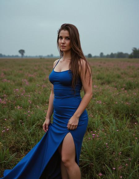 professional photography, modest, beatiful, masterpiece, super detailed, breath taking, best quality, portrait shot. 

blue gown with fitted bodice, voluptuous 28yo woman, spaghetti straps, daring side slit, toned legs, hourglass figure, large natural bust, small waist, wide hips, long wet brown hair, porcelain-like skin, piercing blue eyes, rain-soaked field, vibrant wildflowers, muted overcast sky, cinematic, determined expression, glistening rain on skin, bold and commanding, soft hum of rain, surreal and dreamlike, fine art photography, Fujicolor Superia X-TRA 400, 50mm, subtle grain, dynamic motion, .

(Depth of field).aidmaimageupgrader.
masterpiece, best quality,  ,  medium-format camera,  high-contrast, dramatic lighting, striking composition, 
The overall composition feels cinematic.  detail. mythp0rt, Stylish, charismatic.
