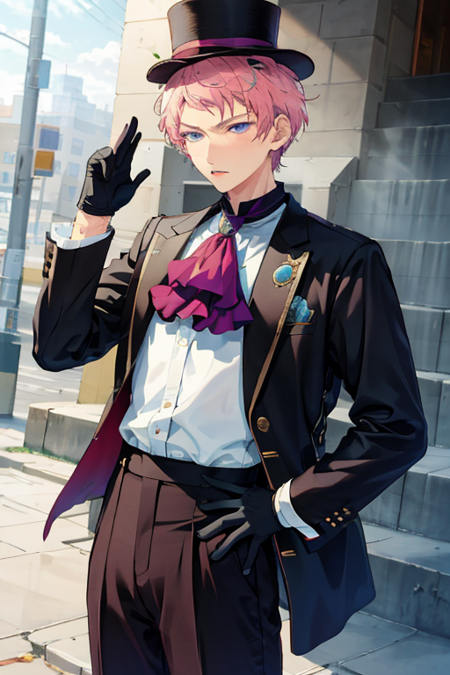 <lora:ShuItsuki-08:0.8> ,masterpiece, best quality, highres, shu itsuki, solo, short hair, blue eyes, gloves, long sleeves, 1boy, hat, jewelry, purple eyes, pink hair, male focus, black gloves, pants, ascot, top hat, stairs