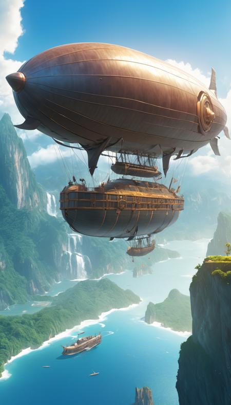 Cinematic scene, hero view, a majestic airship raises over a paradise landscape, action pose, detailed background, masterpiece, best quality, high quality, highres, absurdres <lora:pastel_colors_xl_v1:1.5>