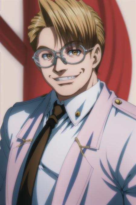 city, portrait, 1boy, blondie hair, opaque glasses, parade uniform, white uniform, smile, evil smile, evil grin,