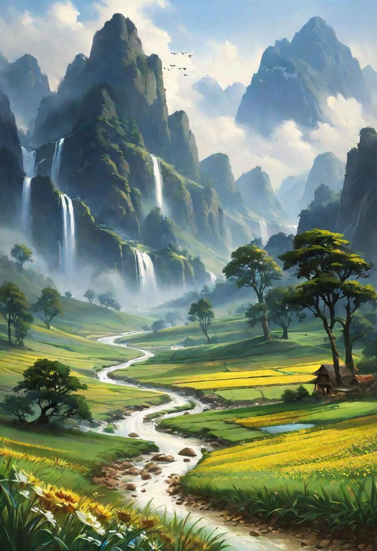 A beautiful painting of a mountain stream surrounded by trees, a waterfall, and a village.