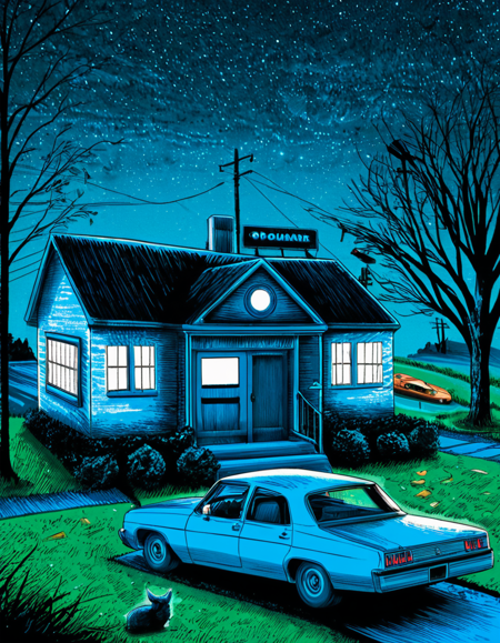 concept art  . digital artwork, illustrative, painterly, matte painting, highly detailed,
t1md0yl3, outdoors scenery, sky, tree, no humans, window, night, traditional media, grass, building, star (sky), night sky, motor vehicle, starry sky, blue theme, car, bush, road, house, power lines, utility pole
<lora:tim_doyle-SDXL-v1:1>