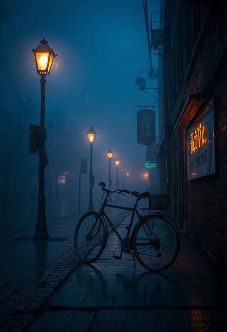A nostalgic, misty 4K scene — deep blue tones wash over an empty street at dawn, soft fog curling around vintage street lamps, their golden glow diffused through the haze. Raindrops linger on cobblestones, reflecting faint neon signs. A lone bicycle rests against a worn brick wall, memories echo in silence. Cinematic, emotional, deeply atmospheric — One Heart style, ultra-detailed, moody composition, soft lighting, depth of field, 4K.