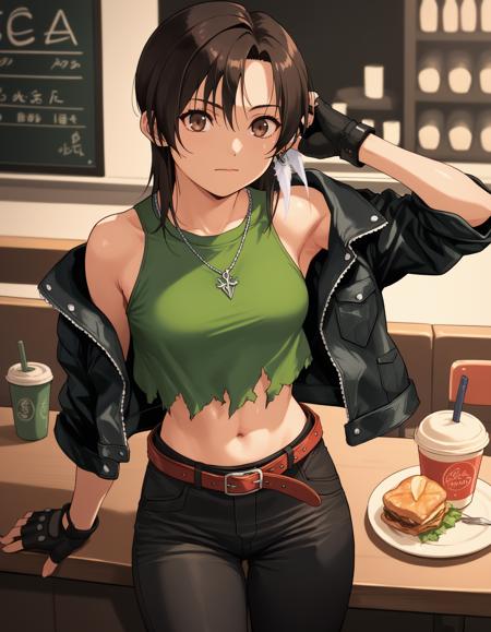 exdlsa, brown eyes, feather earrings, choker, fingerless gloves, purple camisole, shorts, belt exdlsa, brown eyes, necklace, feather earrings, fingerless gloves, torn shirt, green tank top, leather jacket, midriff, belt, pants, crop top exdlsa, brown eyes, one-piece swimsuit, goggles on head, competition swimsuit, swim cap