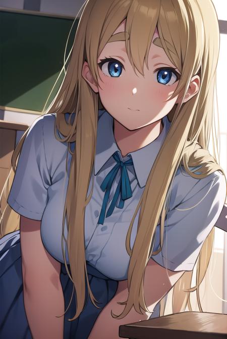 tsumugikotobuki, <lyco:tsumugikotobuki-LYCORIStest:1>,
tsumugi kotobuki, blonde hair, blue eyes, long hair, 
BREAK sakuragaoka high school uniform, school uniform,
BREAK looking at viewer,
BREAK indoors, classroom,
BREAK <lora:GoodHands-vanilla:1>, (masterpiece:1.2), best quality, high resolution, unity 8k wallpaper, (illustration:0.8), (beautiful detailed eyes:1.6), extremely detailed face, perfect lighting, extremely detailed CG, (perfect hands, perfect anatomy),