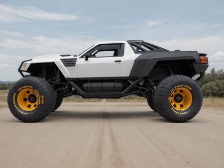 side 3/4 view of a ((heavy race zeekars)) with big bare engine and bumper grill, with big tires, a bunch of pipes on engine, <lora:zeekars-merge-12-11:0.7>