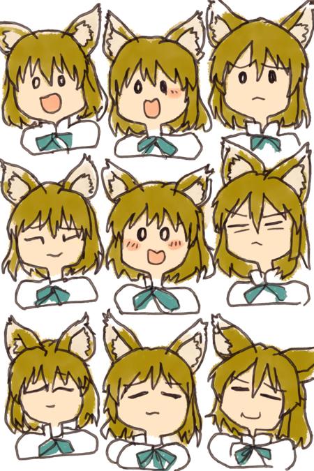 masterpiece, best quality, <lora:style05:1>,multiple girls, comic,board,white background,chibi,multiple view,face,smile,sad,  half-closed eyes, angry,
 <lora:TsukasaKudamaki:1>, <lora:style22:1>,sketch,
kudamaki tsukasa, fox girl,1girl,fox ears, blonde hair, short hair,yellow eyes,ribbon, green ribbon,mandarin collar, short sleeves,white romper,fox tail,