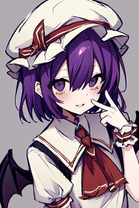 masterpiece, best quality, highly detailed, 1girl, 1girl, ascot, back bow, bat wings, bow, brooch, collared shirt, eyebrows hidden by hair, finger to mouth, frilled shirt collar, frilled sleeves, frills, grey background, hair between eyes, hand up, hat, hat ribbon, jewelry, looking at viewer, mob cap, parted lips, puffy short sleeves, puffy sleeves, purple eyes, purple hair, red ascot, red bow, red ribbon, ribbon, shirt, short hair, short sleeves, simple background, skirt, skirt set, smile, solo, upper body, white headwear, white shirt, white skirt, wings, wrist cuffs, <lora:chan8016-03:1>