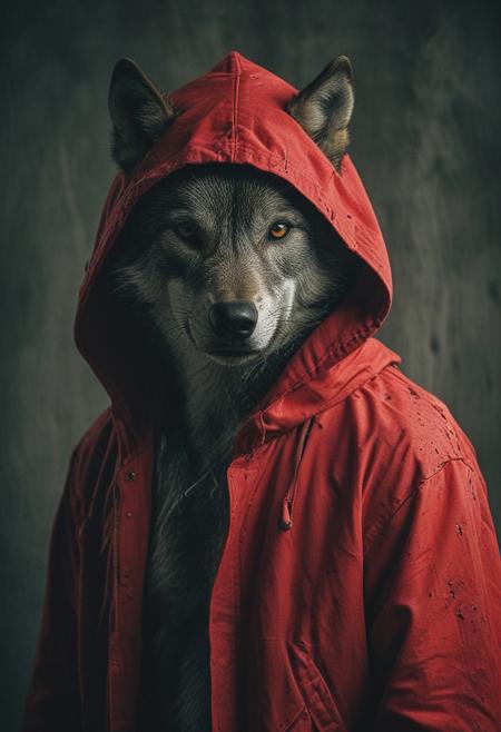 a wolf in red hood clothing, studio background, high-contrast palette, subtle grain, cinematic quality, modern art photograph
