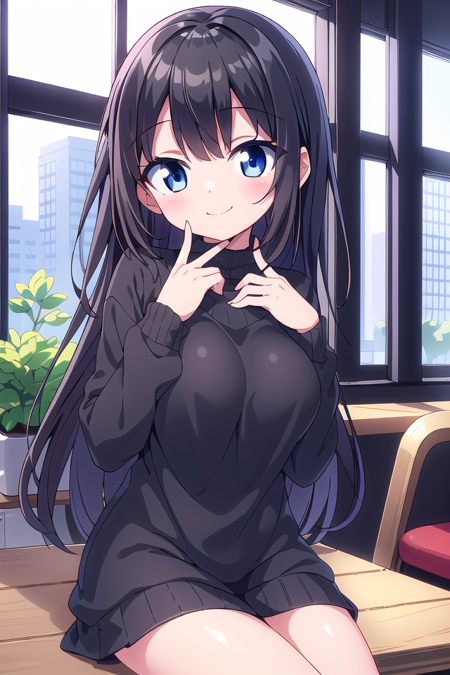 insanely detailed, absurdres, ultra-highres, ultra-detailed, best quality,
1 girl, solo, nice hands, perfect hands,
BREAK,
wearing sweater,
happy smile, laugh, closed mouth,
sitting, cute pose,
45 angle, cowboy shot, looking at viewer,
BREAK,
slender, kawaii, perfect symmetrical face, ultra cute girl, ultra cute face, ultra detailed eyes, ultra detailed hair, ultra cute, ultra beautiful,
by Canon EOS, SIGMA Art Lens 35mm F1.4, ISO 200 Shutter Speed 2000,
BREAK,
indoors, in coffee shop,
medium large breasts,,black hair, long hair, black eyes