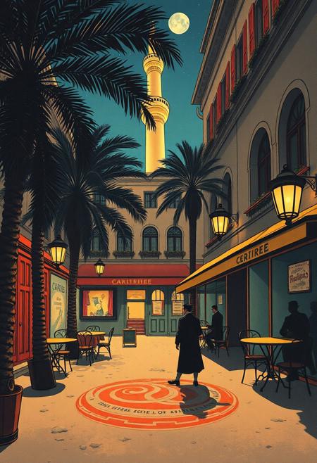 A quiet courtyard shaded by palms and minarets, where a figure draws patterns in the dust, Belle Époque nightlife, expressive linework, vivid palette, cabaret performers, Parisian cafés, dynamic poses, loose brushwork, theatrical ambiance, Japanese print influence, poster design aesthetics, candid compositions, caricature realism fusion, graphic elegance, late 19th-century urban life