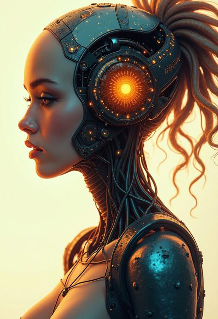 Illustration of a quintessential supermodel, residing in the realm of fantasy, her silhouette traced out of trim wire and cutting-edge robotics, embodying an exotic and alien persona, adorned in radiant cosmic hues, her otherwise delicate skin bathed in a soothing wash of solar warmth exposing its intricate cellular construction beneath, her countenance acting as a dynamic muse, articulating a range of emotions through dramatic