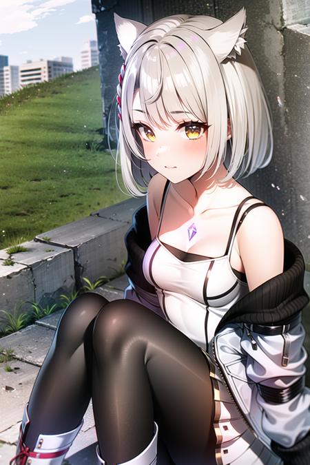 mio \(xenoblade\),

1boy, 1girl,  animal ears , black pantyhose, boots, breasts, camisole, chest jewel, closed mouth, grey hair, jacket, knee boots, outdoors, pantyhose, short hair, shoulder strap, skirt, small breasts, tank top, white camisole, white footwear, white jacket, white skirt, white tank top, yellow eyes,

<lora:mio:0.6>