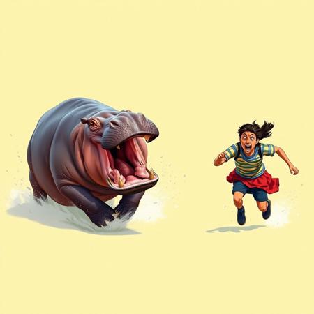 an angry hippopotamus chasing a person who is terrified