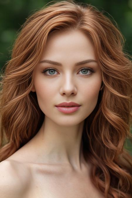 Hair: Long, flowing, and auburn. It catches the light and seems almost mesmerizing, with a slight natural wave.
Eyes: Emerald green, bright and piercing, with a captivating and mesmerizing quality.
Skin: Fair and flawless, ivory pale skin, with a healthy, radiant glow.
Face: Symmetrical and strikingly beautiful, with high cheekbones and a well-defined jawline. Her features are delicate yet strong.
Lips: Full and naturally pink, often curved in a gentle, inviting smile.
Figure: Tall and slender, with an elegant and graceful posture. She carries herself with confidence and poise.
Attire: Stylish and feminine, often in dresses that accentuate her figure.
8K, extremely clear and high quality