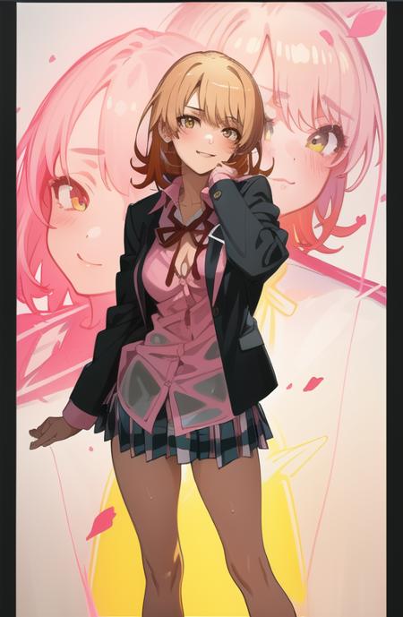 masterpiece, high quality, best quality, high resolution, 4k, high definition, beautiful lighting, highly detailed face, well drawn hands, well drawn legs, well drawn feet, (((well drawn eyes))),1girl, short hair, yellow hair, iroha, sobu high school uniform, black blazer, pink shirt, red ribbon, plaid skirt,  lifting up skirt, smiling, red lines, under eyes, pink fishnet panties ,thick thighs, unbuttoned shirt, cleavage, wet shirt, see through shirt, pink lips, closed mouth, standing,<lora:Isshiki_Iroha-01:1>