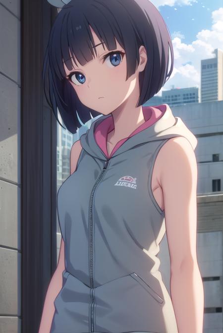 touka kishi, short hair, black hair, bob cut, bangs, blunt bangs, (black eyes:1.3), ahoge, skirt, hood, hoodie, sleeveless, hood down, sleeveless hoodie,