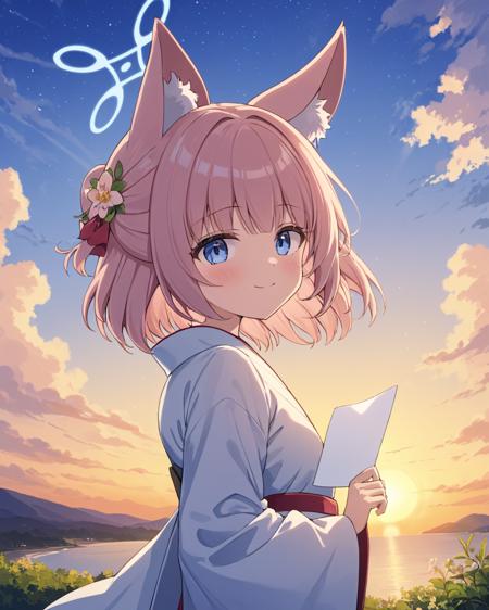 niko \(blue archive\),1girl, halo, solo, smile, hair_flower, looking_at_viewer, animal_ear_fluff, outdoors, sky, obi, wide_sleeves, long_sleeves, white_kimono, closed_mouth, holding_paper, sunset, cloud, star_\(sky\), blush
<lora:niko_(blue_archive)_image432_2023-12-03:1>halo. gorgeous,key visual, vibrant, studio anime,award-winning, professional, highly detailed,high budget, cinemascope