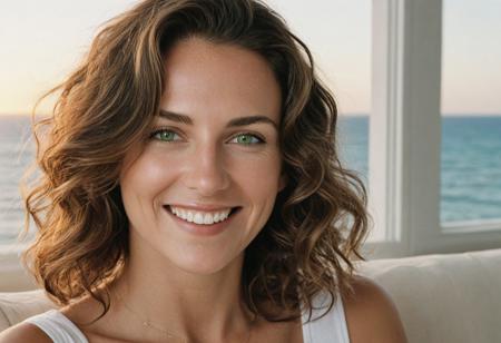 A meticulously detailed, hyper-realistic studio portrait of a 35 years old woman with sun-kissed skin and bright green eyes. She has a slim, oval, delicately contoured face with high cheekbones, a narrow jawline, and a subtle V-shaped chin. Her wavy, short-length light brown hair is casually tousled, framing her naturally beautiful face. Her skin has realistic texture: visible pores, soft natural wrinkles, gentle laugh lines, and minor imperfections that enhance authenticity. She wears a warm, genuine smile with slightly imperfect teeth. She seats in a living room, watching the sunset, and ocean,through an elegant beautiful Huge window, captured with an 85mm lens at f/4, with natural color grading and an unedited RAW film look — inspired by Kodak Portra 400. No makeup retouching, no plastic effect, no artificial smoothing.street photography , photography , editorial photo, realistic , natural light, highly detailed