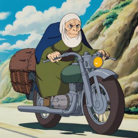 anime screencap in vwst artstyle of an old woman on a motorcycle, hd, 4k, high-quality