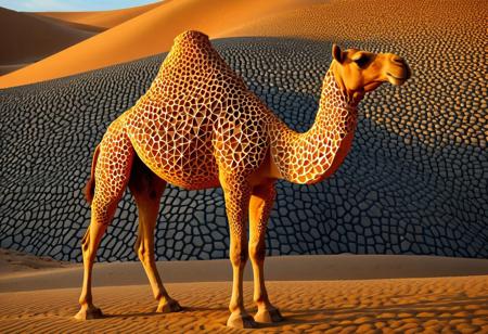 Geometric Transformation, ((camel)) made out of voronoi,  basalt columns, Basiphobia, sand dunes, sand, spring, dawn, dramatic, vibrant colors, vivid colors, Masterpiece, best quality, amazing quality, volumetric lighting, SFW, PG, exquisite detail, digital art, highly detailed, beautiful, surreal, lazypos,