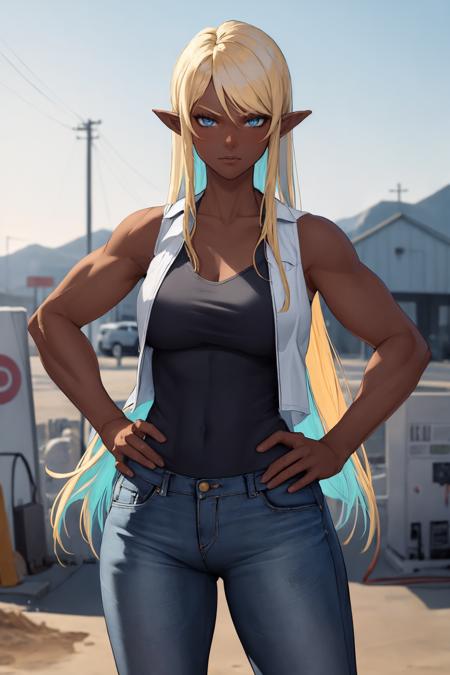 HadairuKoseri, dark-skinned female blue eyes, blonde hair, long hair, muscular ponytail blonde hair, blue hair pointy ears
