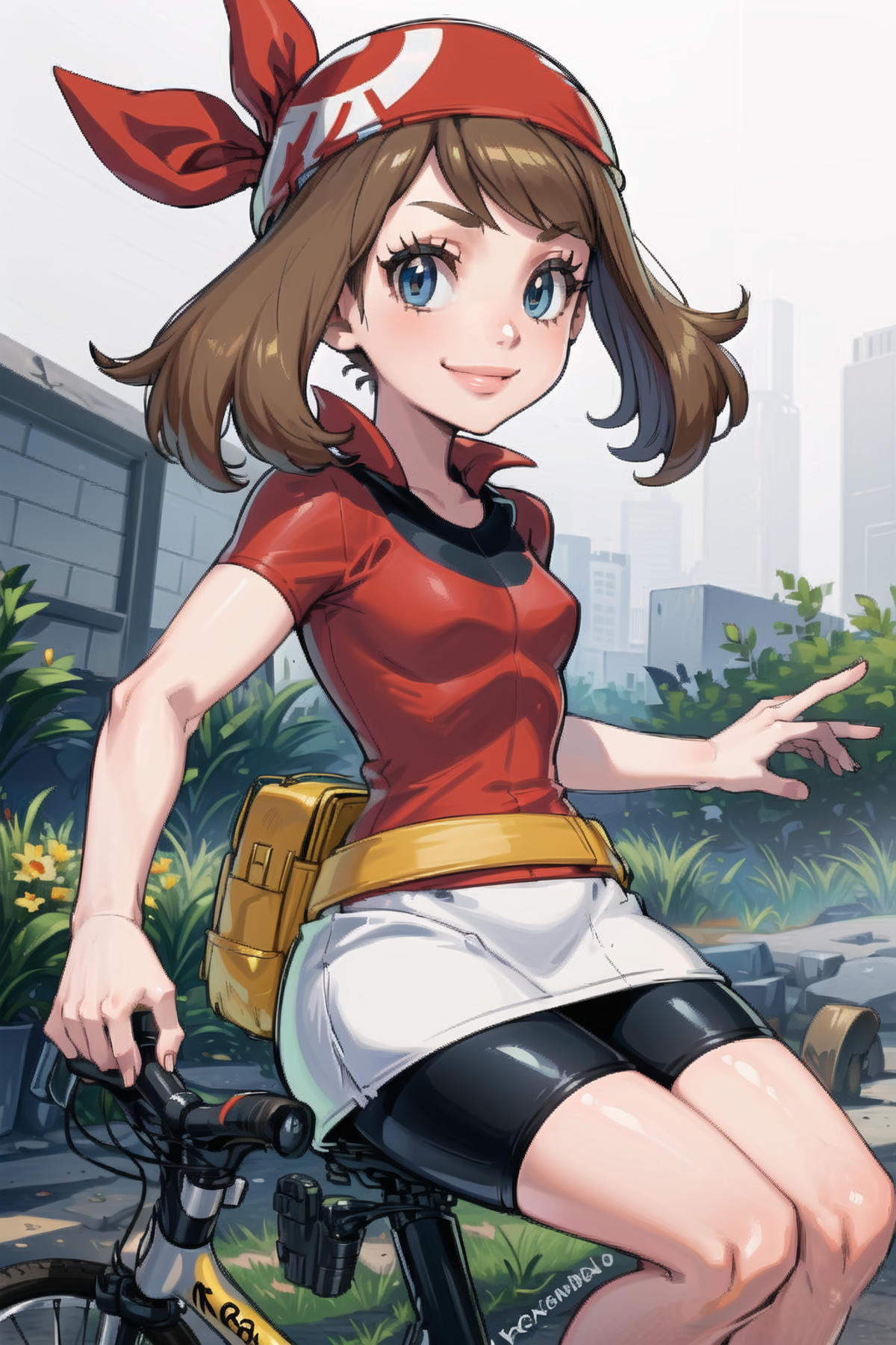 masterpiece, best quality, AS-Younger, <lora:MayRSELora:0.7>, may \(pokemon\), red shirt, short sleeves, smile, red bandan...