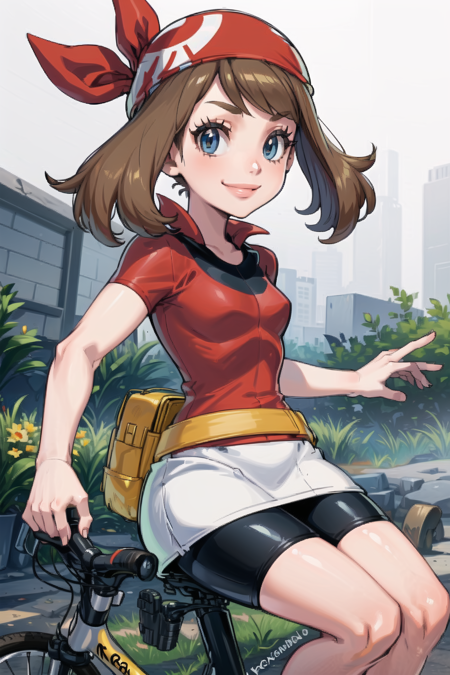 masterpiece, best quality, AS-Younger, <lora:MayRSELora:0.7>, may \(pokemon\), red shirt, short sleeves, smile, red bandana, yellow fanny pack, white skirt, bike shorts under skirt,