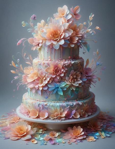wedding cake, p1nk1r1fl0wers, made out of iridescent flower petals, high quality, masterpiece <lora:PinkieIriFlwrsSDXL:1>