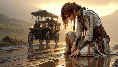 In the Style of a Yoshitaka Amano, a Final Fantasy drawing. 

An image of an Azeri woman , soft features, and medium-length wet, auburn hair clinging to her face, in dirty ragged traditional Mughal clothing of ivory color, kneeling on a muddy rural cobblestone-road at dusk. 

Her clothes are drenched from a light drizzle, and (she looks visibly exhausted, her face reflecting determination and quiet sorrow:1.2).

Tears mix with the rain on her cheeks, adding an emotional depth to the scene. The road is surrounded by faint mist rising from the damp ground, softening the background. 

The atmosphere is somber yet serene, illuminated by the warm, diffused glow of a setting sun peeking through heavy clouds, casting long shadows and gentle highlights on her clothing.

A scimitar lies beside her on the wet road, emphasizing her moment of vulnerability and reflection.