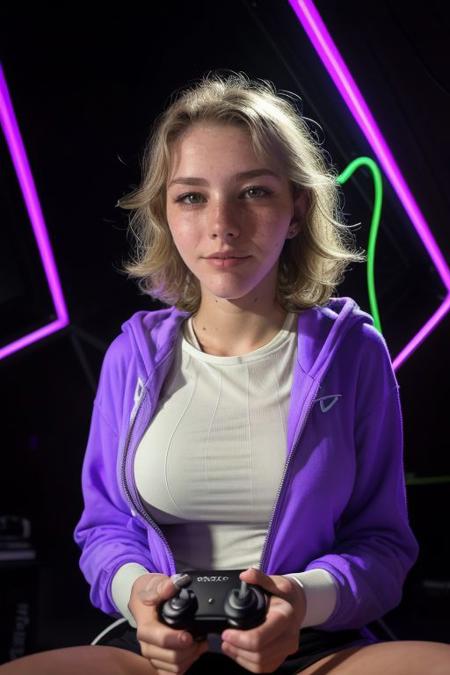 DEN_zoe_moore,
sitting at a computer wearing headphones and playing games (holding a controller:1.2) wearing a hoodie in a (neon lit room:1.3), (gamer:1.2), gaming, gamer girl, games, (purple lighting, neon:1.2),
bokeh, f1.4, 40mm, photorealistic, raw, 8k, textured skin, skin pores, intricate details  <lora:epi_noiseoffset2:1>, epiCRealism <lora:ClothingAdjuster3:-1>