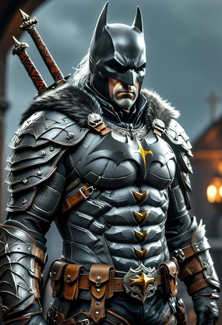 perfect lighting, perfect face, incredible detail, ultra detailed, high quality, front view, Batman in Geralt's leather armor (The Witcher 3), gray hair, (wolf school medallion), batman mask, two swords on his back.