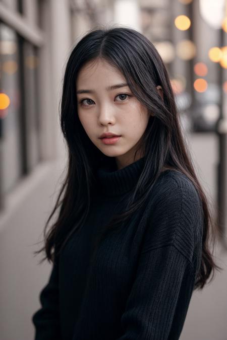 4rKXw,one pretty asian girl,solo,black hair,long hair,black eyes,parted lips,sweater,(looking at viewer),bokeh,upper body,looking at viewer,film grain,cowboy shot,epiCPhoto,<lora:pytorch_lora_weights:0.5>,<lora:breastsizeslideroffset:-0.3>,<lora:picxer_real:0.7>,<lora:more_details:0.6>,<lora:IU_V1:1>,
