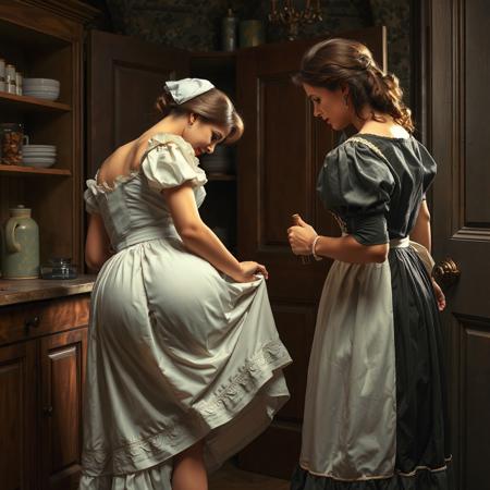 19th century English aristocratic household, in pantry, lovely young cheerfully submissive aroused house maid bending over, raising dress to show buttocks to sternly beautiful housekeeper, who holds switch in her hand, dominating, also attracted to the maid and enjoying power