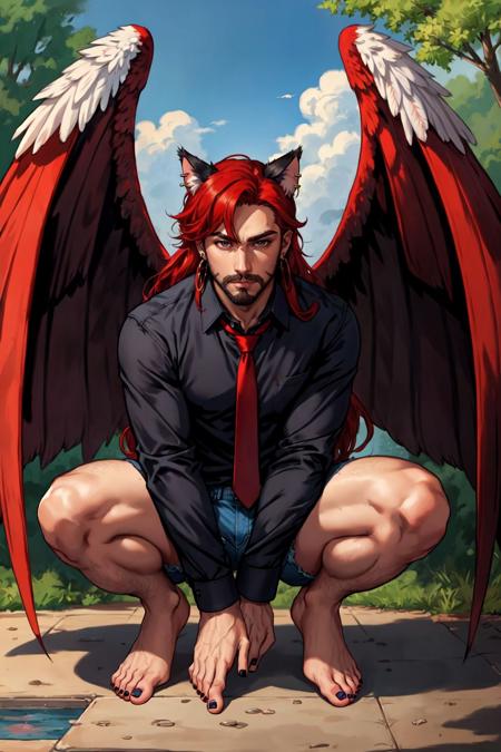 1boy, solo, male focus, facial hair, beard, parted bangs, red hair, grey eyes, piercing, ear piercing, cat ears, animal ears, animal ear fluff, long hair, shirt, long sleeves, jewelry, closed mouth, full body, earrings, wings, white wings, feathered wings, barefoot, collared shirt, red necktie, necktie, black shirt, short shorts, shorts, black nails, nail polish, bare legs, feet, toes, squatting, denim, toenails, denim shorts, outdoors, looking at viewer