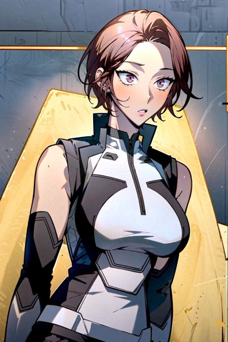 masterpiece, high quality cg, anime, illustration, best quality, 1girl, solo, baek hae yoon, 1girl, solo, short hair, medium breasts, purple eyes, jacket, uniform,  sleeveless gray jacket,  <lora:BaekHaeYoon:1>