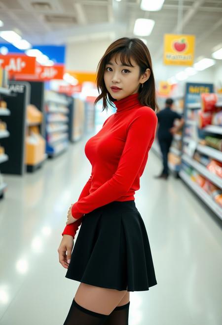 portrait of a young woman pokimane, wearing a red turtleneck dress. She has dark brown hair and brown eyes. She is in walmart, black skirt,large breast, high heels ,boots, thigh highs,