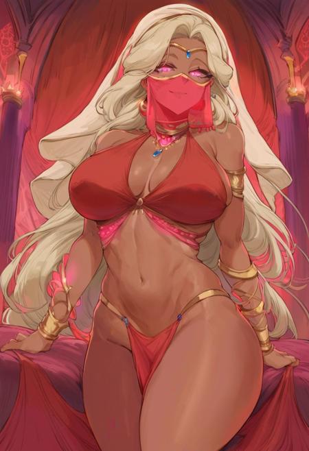 pov, front view, score_9, score_8_up, cowboy shot, 1girl, girl focus, source_anime, highly detailed, (dark skinned girl with large breasts wearing red concubine harem outfit standing up with inviting arms wearing jewelry with glowing light pink crystal), (arms spread, (glowing pink jewelry) dark skin, veil, mouth veil,  red clothes,  (tied  platinum blonde hair), dazed, blank expression, horny smile, mature, elegant, (glowing pink eyes eyes), (lavish palace bedroom, indoors), csr style