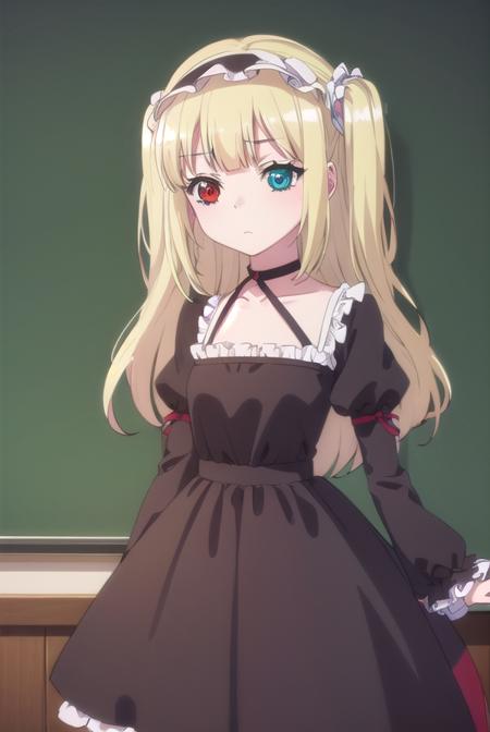 kobatohasegawa, <lora:kobato hasegawa s2-lora-nochekaiser:1>,
kobato hasegawa, long hair, blonde hair, (red eyes:1.3), blue eyes, (heterochromia:1.5), two side up,
BREAK dress, hairband, frills, long sleeves, puffy sleeves, juliet sleeves, (black dress:1.3),
BREAK indoors, classroom,
BREAK looking at viewer, (cowboy shot:1.5),
BREAK <lyco:GoodHands-beta2:1>, (masterpiece:1.2), best quality, high resolution, unity 8k wallpaper, (illustration:0.8), (beautiful detailed eyes:1.6), extremely detailed face, perfect lighting, extremely detailed CG, (perfect hands, perfect anatomy),