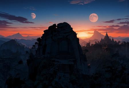 Top-down view, with the horizon line at the top of the image. Aerial view of an ancient temple in the middle of a lush forest. The scene takes place on another planet, as two moons are visible in the sky—one very large and the other smaller. The temple is perched on a massive rocky spur, overlooking the vast tropical forest. It is carved directly into the rock, with a colossal doorway leading into the depths of the stone. The temple is harmonious, made of stone, exuding an ancient and mystical presence.
Several platforms extend from the rocky foundation of the temple, with intricate stairways leading up to the immense entrance. In the distance, two other ancient temples can be seen, also clinging to rocky spurs high above the forest. The temples are surrounded by an endless expanse of dense, tropical vegetation.
The sky remains luminous as the sun sets, casting a stunning blend of deep blues and warm oranges. The atmosphere is nocturnal, with breathtaking twilight hues. The composition is beautifully balanced, with expertly crafted lighting and contrast. The sunset bathes the landscape in a dramatic glow, and careful attention is given to the projection of shadows, enhancing the depth and realism of the scene.