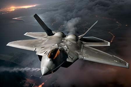 analog gloomy aerial photo of a (F-22 Raptor plane, <lora:r4pt0r:1>), ((nighttime)), (flying low through a city on fire), (explosions on the ground), (tracer gunfire),  High Detail, Sharp focus, (photorealism), realistic, best quality, 8k, award winning, dramatic lighting, epic, cinematic, masterpiece, rim light, (action movie), war,  depth of field, dutch angle, motion blur,