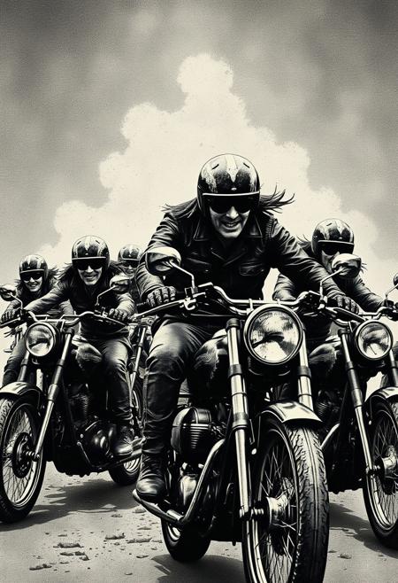 A biker gang depicted in a grainy, black-and-white composition, but the riders are expressive, smooth-textured animated figures, creating a surreal contrast between real and stylized., bold lithographic, strong contrast, graphic textures, naturalistic portraits, historic subject matter, symbolist themes, expressive linework, rich black ink, vintage print aesthetic, fine details, dramatic composition, allegorical elements, handcrafted quality, traditional printmaking, timeless elegance