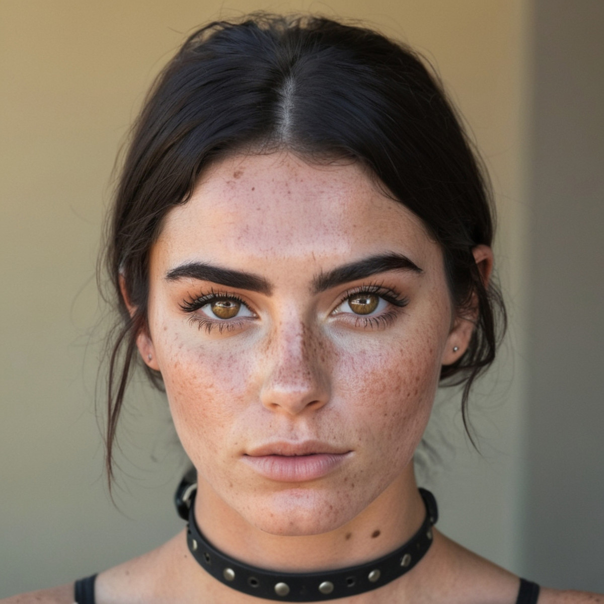 <lora:90B28AE8F5:0.7> woman with dark hair and thick eyebrows  with extreme freckles wearing a choker he has natural-looki...