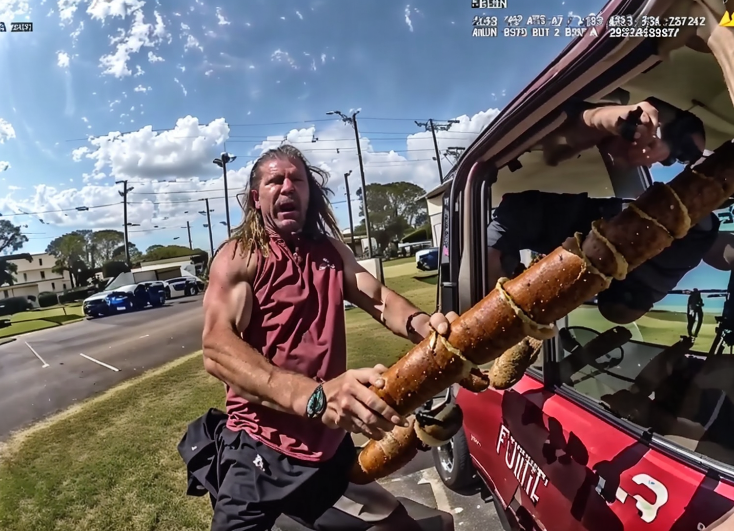 <lora:PoliceBodycamFootage:1> epic action bodycam footage of (redneck mullet Florida Man swinging a baguette) attacking po...