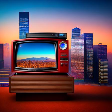 (tvcity:1) an old television set with a city skyline in the background <lora:djzTVcityV21_LoraBooth:1>